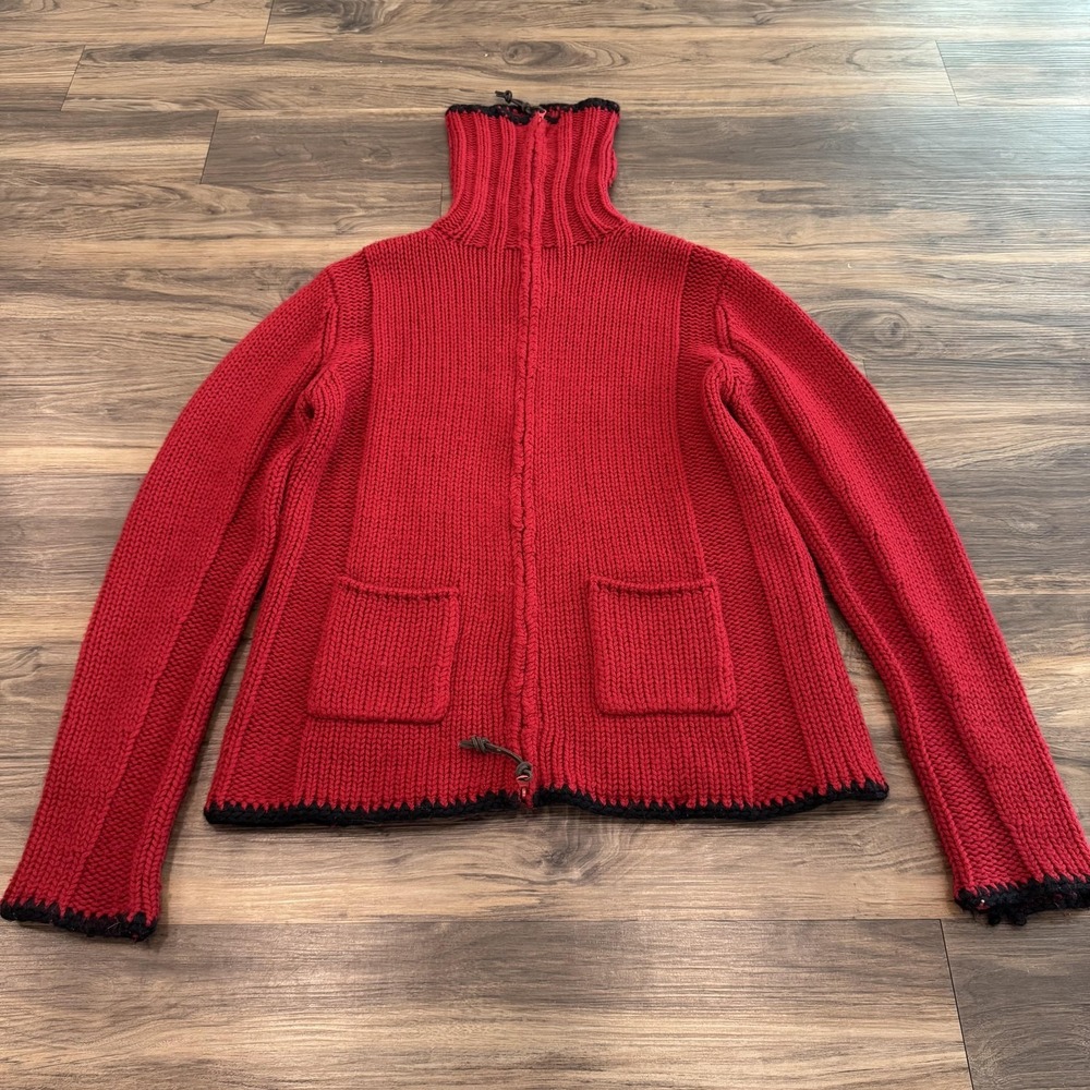 DDC LAB Sweater Womens XL Red 100% Wool Full Zip Turtleneck Chunky Knit Pockets